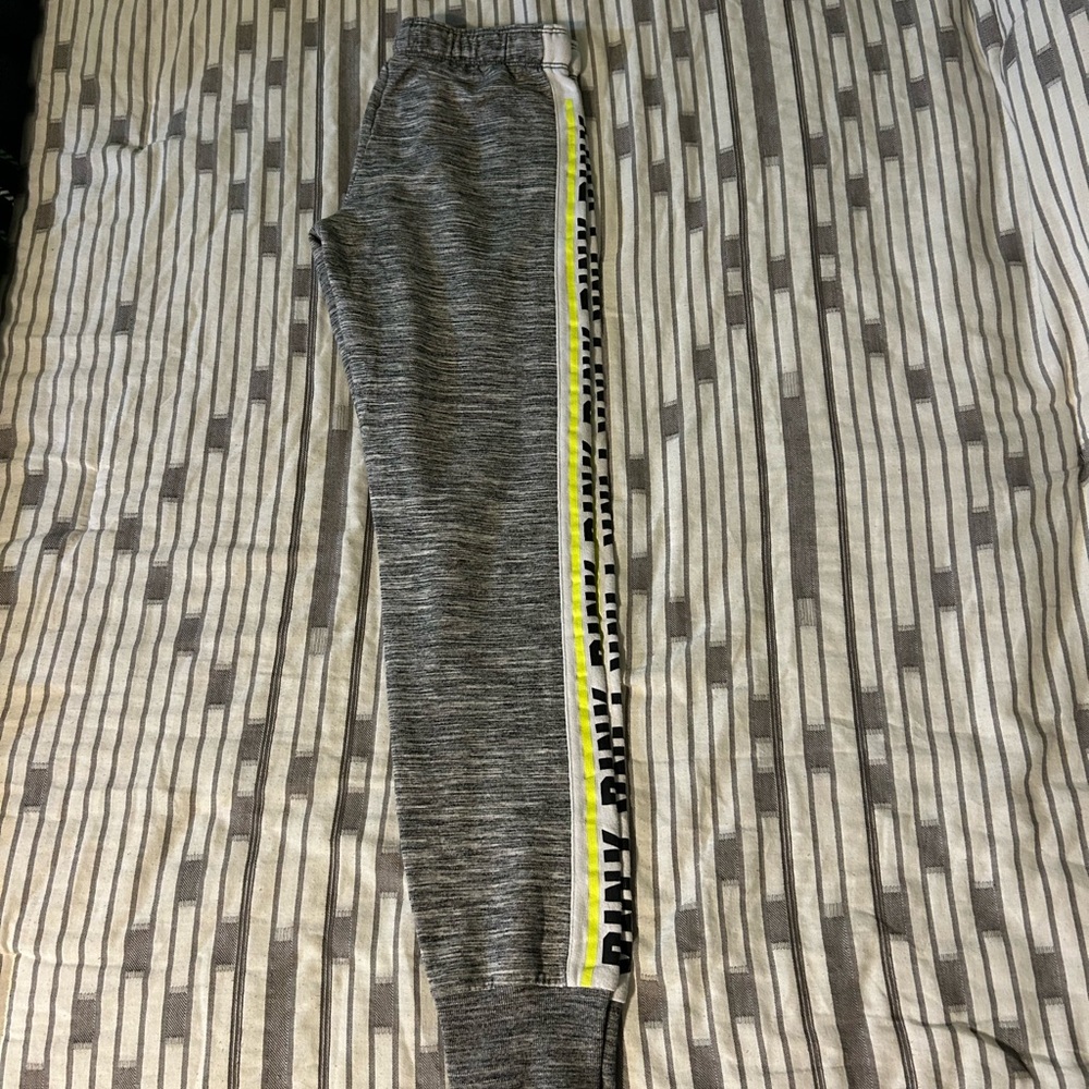 PINK Victoria's Secret Heather Gray Joggers with Neon Yellow Accent